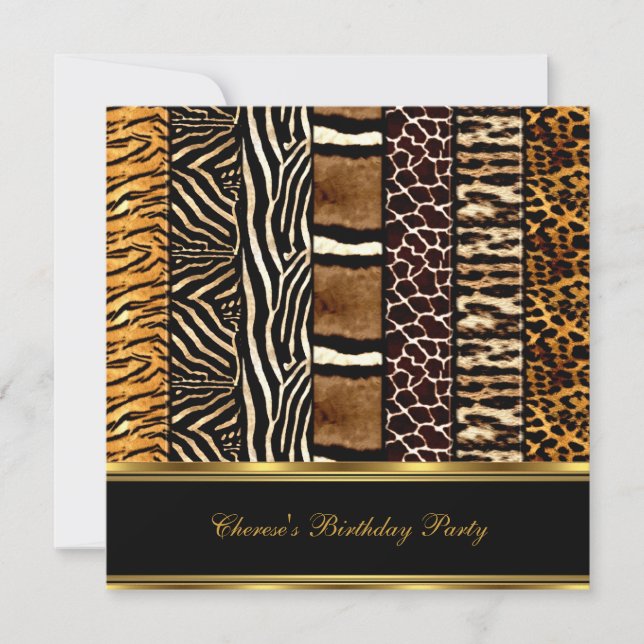 Birthday Party Mixed Animal Prints Gold Black 2 Invitation (Front)