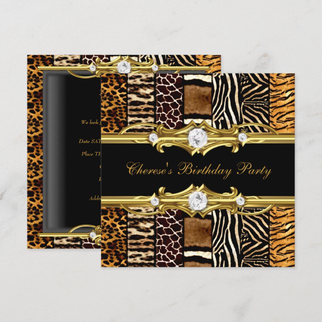 Birthday Party Mixed Animal Prints Gold Black Invitation (Front/Back)