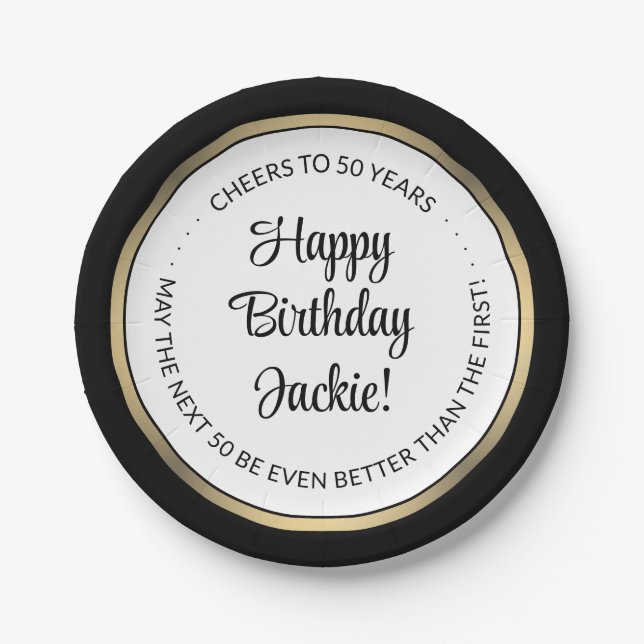  Birthday Party Modern Black, White & Gold Round Paper Plate (Front)