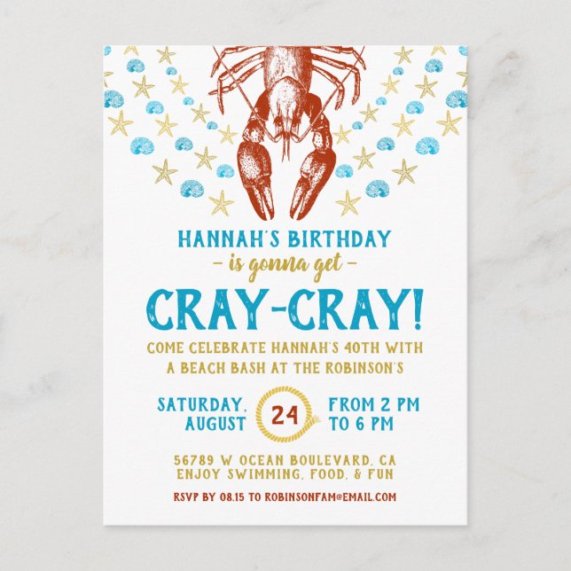 Birthday Party | Nautical Beach Crayfish Adult Invitation Postcard (Front)