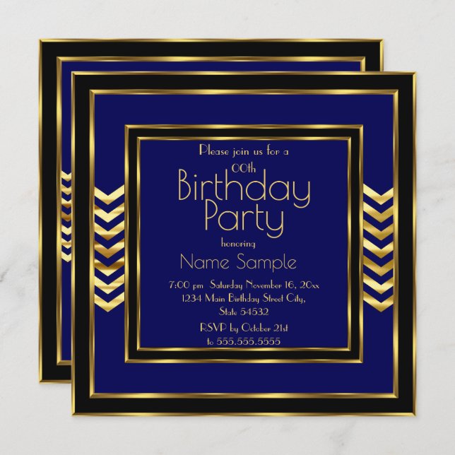 Birthday Party Navy Blue Black Gold Art Deco  Invitation (Front/Back)