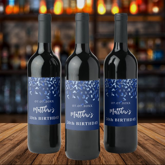 Birthday party navy blue confetti name  wine label (Creator Uploaded)