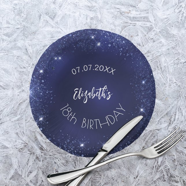 Birthday party navy blue glitter name paper plate (Creator Uploaded)