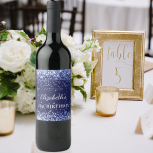 Birthday party navy blue glitter name  wine label