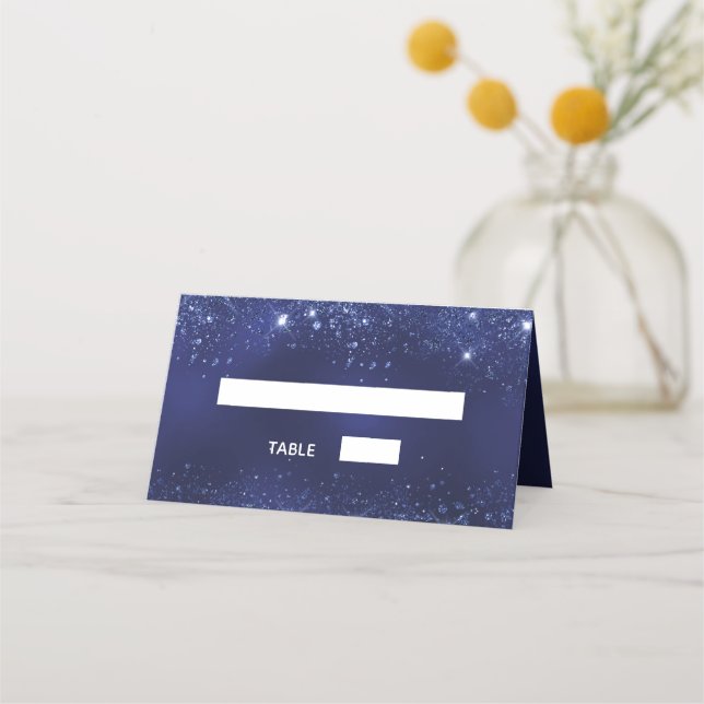 Birthday party navy blue glitter sparkles name place card (Front)