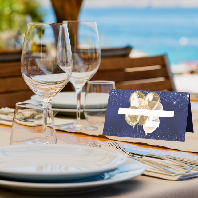 Birthday party navy blue gold balloons name place card (Creator Uploaded)