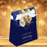 Birthday party navy blue gold balloons thank you favour box<br><div class="desc">A navy blue background color. Decorated with blue paint drips and faux gold balloons. Personalize and add a name,  age and date.  Modern hand lettered style script.</div>