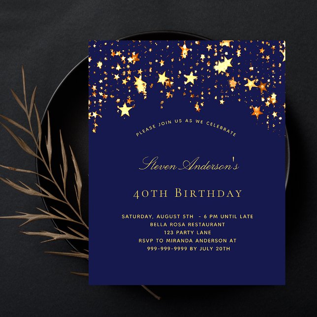 Birthday party navy blue gold budget invitation flyer (Creator Uploaded)