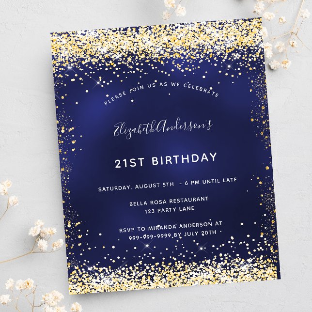 Birthday party navy blue gold budget invitation flyer (Creator Uploaded)