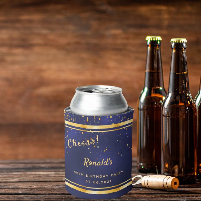 Birthday party navy blue gold cheers can cooler (Creator Uploaded)