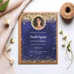 Birthday party navy blue gold diamond photo invitation<br><div class="desc">For an elegant 40th (or any age) birthday party. A navy blue,  uneven coloured background. Decorated with faux gold confetti. Personalise and add a name and party details. Add your photo into the faux golden diamond frame. The name is written with a hand lettered style script</div>