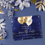 Birthday party navy blue gold save the date card<br><div class="desc">A trendy Save the Date for a 18th (or any age) birthday party. A navy blue uneven coloured background. Decorated with blue and faux gold glitter and golden balloons. The text: Save the Date is written with a large trendy hand lettered style script.</div>