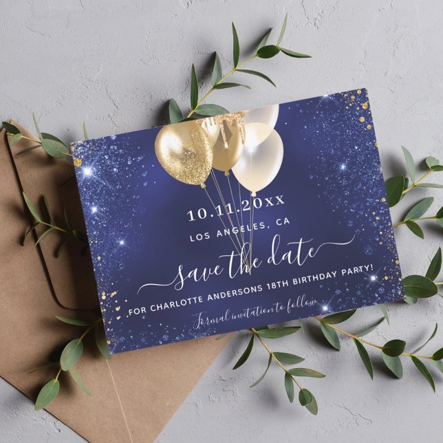 Birthday party navy blue gold save the date card (Creator Uploaded)