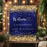 Birthday party navy blue gold welcome poster<br><div class="desc">A welcome poster for a girly and glamourous 21st (or any age) birthday party.  A navy blue uneven coloured background decorated with faux gold confetti.   Personalise and add a name and age 21.  Welcome with a heart.</div>