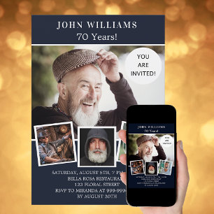 Birthday party navy blue photo collage invitation