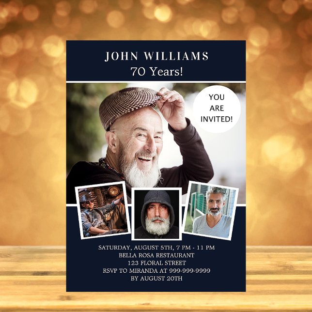 Birthday party navy blue photo collage luxury invitation (Creator Uploaded)