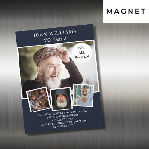 Birthday party navy blue photo collage luxury magnetic invitation