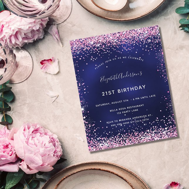 Birthday party navy blue pink budget invitation flyer (Creator Uploaded)