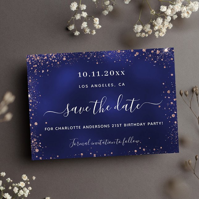 Birthday party navy blue rose gold save the date (Creator Uploaded)
