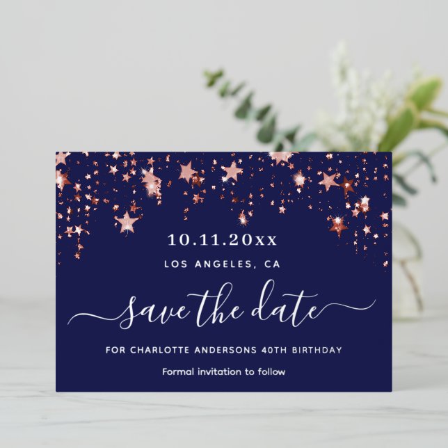 Birthday party navy blue rose Save the Date (Standing Front)