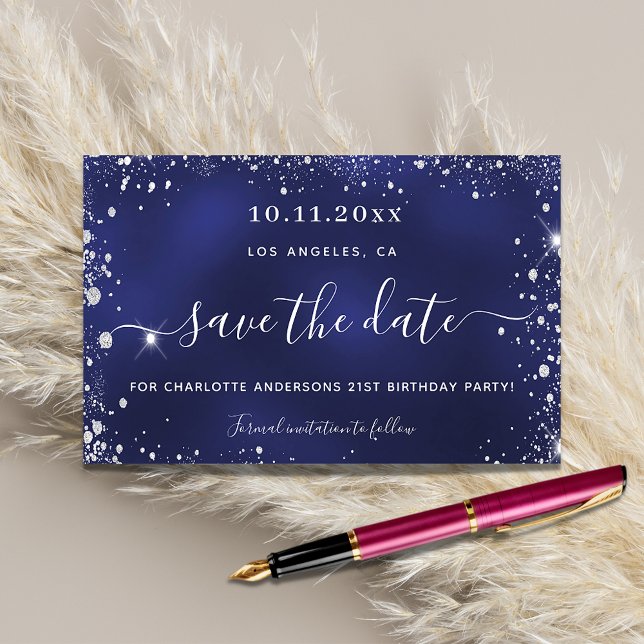 Birthday party navy blue silver save date budget flyer (Creator Uploaded)