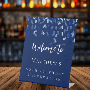 Birthday party navy blue welcome pedestal sign