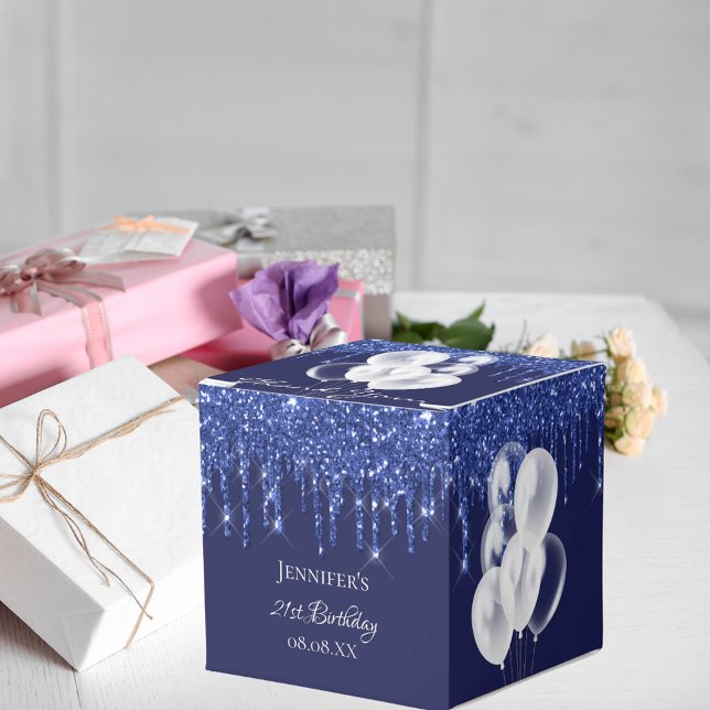 Birthday party navy blue white glitter balloons favour box (Creator Uploaded)