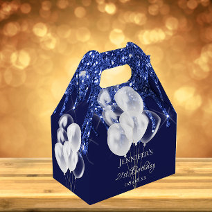 Birthday party navy blue white glitter balloons favour box