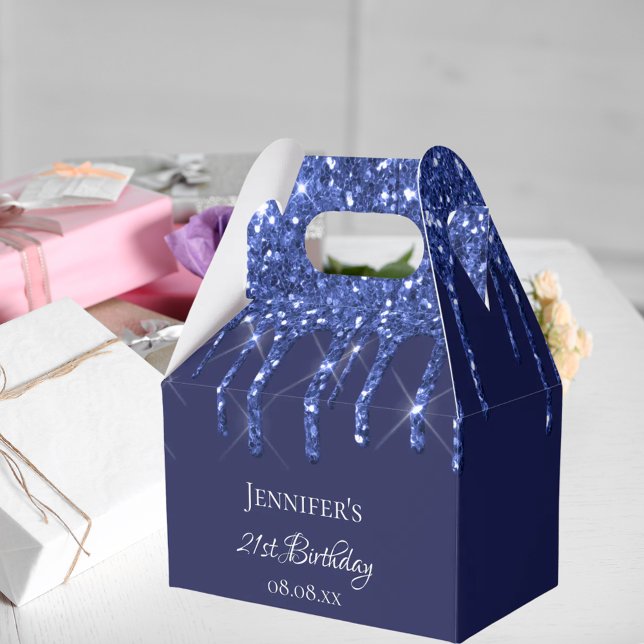Birthday party navy blue white glitter drips name favour box (Creator Uploaded)