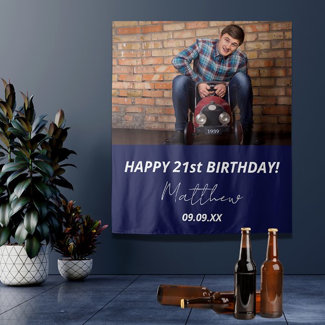 Birthday party navy blue white photo guy tapestry (Creator Uploaded)