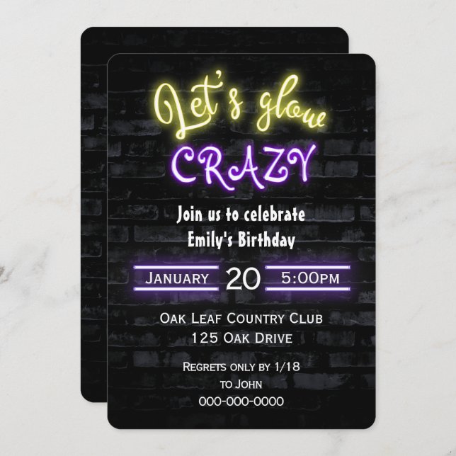 Birthday Party Neon Sign on Brick Wall Invitation (Front/Back)