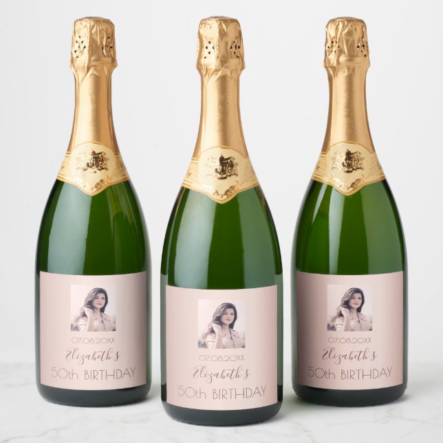 Birthday party night photo rose gold pink women sparkling wine label (Bottles)