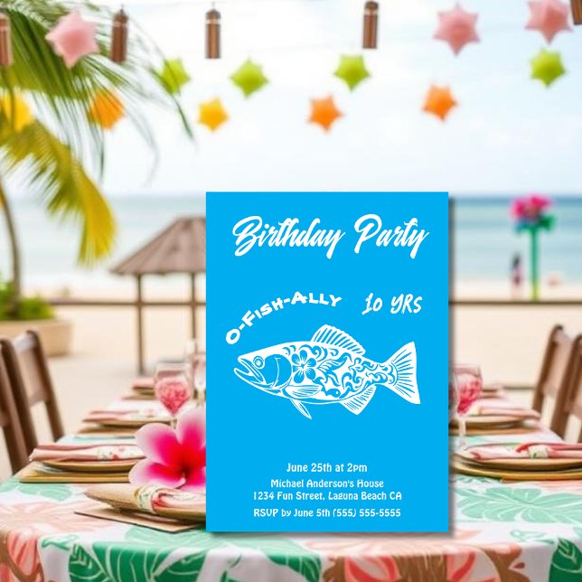 Birthday Party-O-Fish-ally Hawaiian Fish Invitation (Aloha Trout Fisherman Trend Hawaiian Fish Beach Summer Pool Birthday Party invitation light blue)