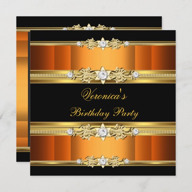 Birthday Party Orange Gold Black Invitation (Front/Back)