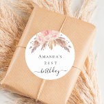 Birthday party pampas grass rose gold floral classic round sticker<br><div class="desc">For an elegant and modern 21st (or any age) birthday party. A white background. Decorated with rose gold,  pink florals,  pampas grass. Personalise and add a name.</div>