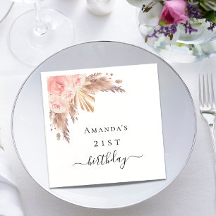 Birthday party pampas grass rose gold floral napkin