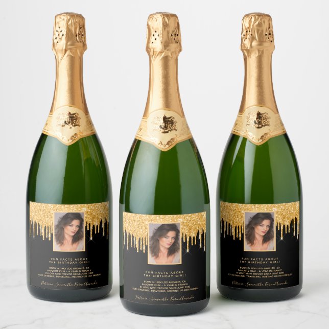 Birthday party photo black glitter gold fun facts sparkling wine label (Bottles)