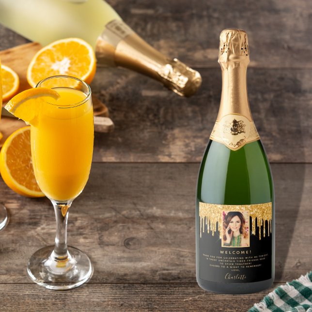 Birthday party photo black glitter gold welcome sparkling wine label (Creator Uploaded)