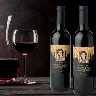 Birthday party photo black glitter gold welcome wine label