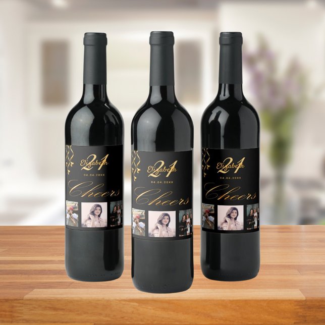 Birthday party photo black gold cheers script glam wine label (Creator Uploaded)