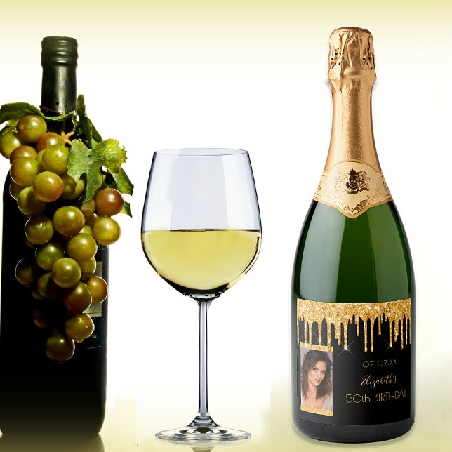 Birthday party photo black gold glitter sparkling wine label (Creator Uploaded)