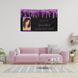 Birthday party photo black purple glitter elegant banner<br><div class="desc">A banner for a girly and glamourous 21st (or any age) birthday party. A chic black background with trendy purple faux glitter drips, paint dripping look. Personalise and add your own vertical photo of the birthday girl. The name is written in a modern hand lettered style script. Light purple letters....</div>