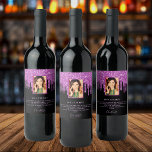 Birthday party photo black purple glitter welcome wine label<br><div class="desc">For a girly and glamourous 50th (or any age) birthday party. A chic black background with trendy purple faux glitter drips, paint dripping look. Personalise and add your own vertical photo of the birthday girl, name, and a welcome text for your guest. The name is written in a modern hand...</div>