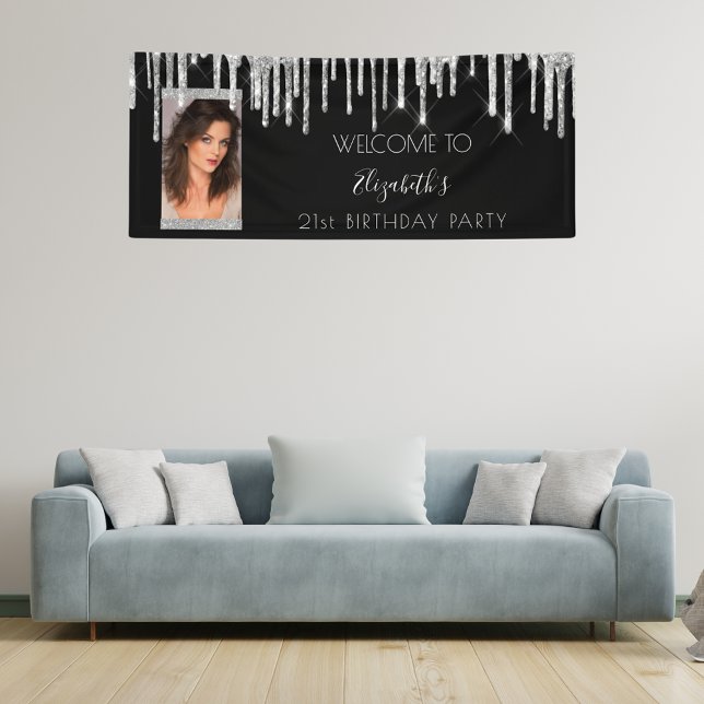 Birthday party photo black silver glitter elegant banner (Creator Uploaded)