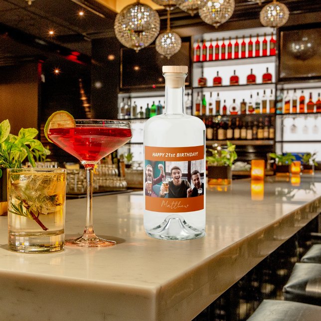 Birthday party photo burnt orange modern guy liquor bottle label (Creator Uploaded)