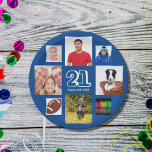 Birthday party photo collage boys guys blue paper plate<br><div class="desc">A paper plate for a 21st (or any age) birthday party celebrating his life with a collage of 8 of your photos.  Personalise and add age 21 and a date.  Date of birth or the date of the party.  White coloured letters.  Blue background.</div>