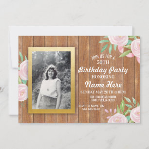 Birthday Party Photo Flowers Rustic Wood Invite