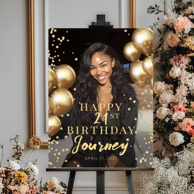 Birthday party photo gold balloons welcome poster (Creator Uploaded)