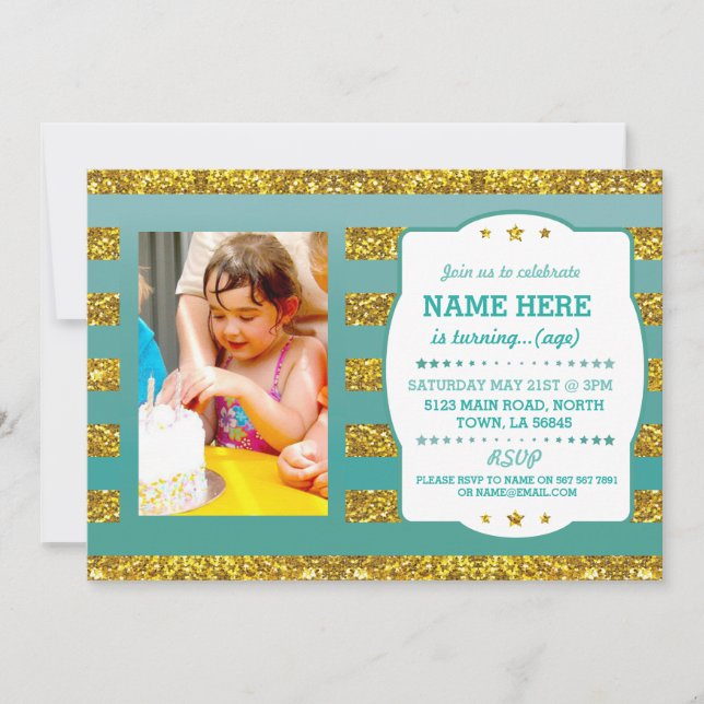 Birthday Party Photo Gold Glitter Stripe Invite (Front)