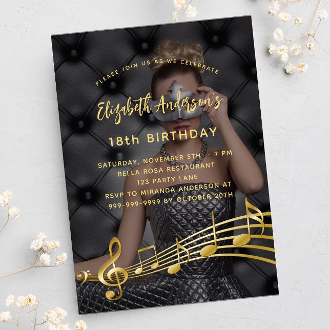 Birthday party photo gold music notes invitation postcard (Creator Uploaded)